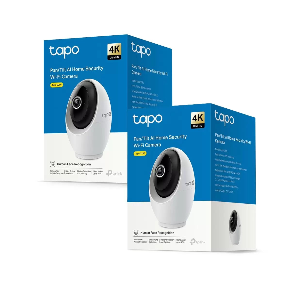 Pair of white TP-Link Tapo C260 4K pan-tilt smart indoor cameras featuring black central lenses with integrated starlight sensors.