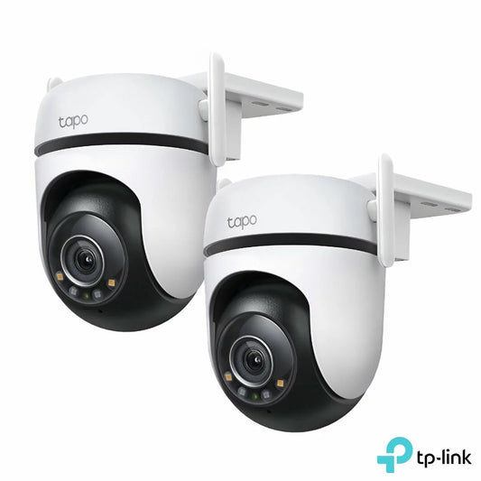 Pair of white TP-Link Tapo C520WS outdoor pan-tilt security cameras with dual external antennas mounted against a neutral wall backdrop.