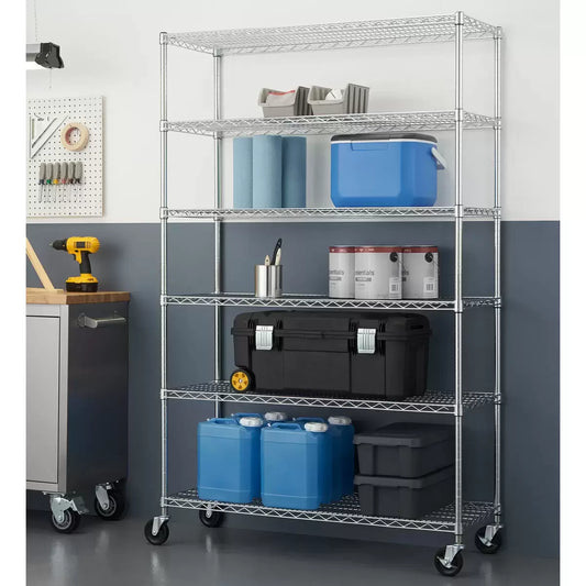 TRINITY EcoStorage 6 tier chrome wire shelving unit loaded with kitchen appliances on caster wheels.