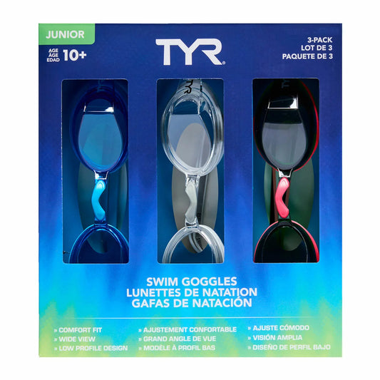 TYR Junior Goggles 3 Pack for kids swimming with anti-fog lenses and adjustable straps