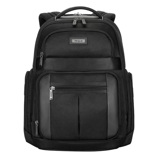 Black Targus Mobile Elite Backpack with water-resistant base standing upright, showing its front accessory pockets and dual side water bottle holders.
