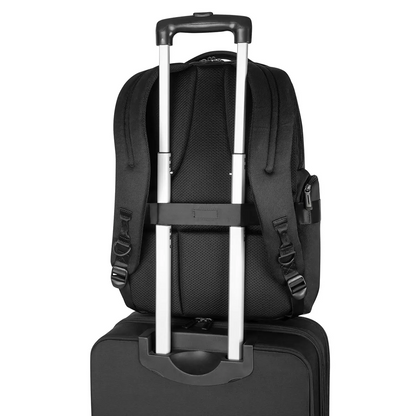 Black Targus Mobile Elite Backpack with water-resistant base standing upright, showing its front accessory pockets and dual side water bottle holders.