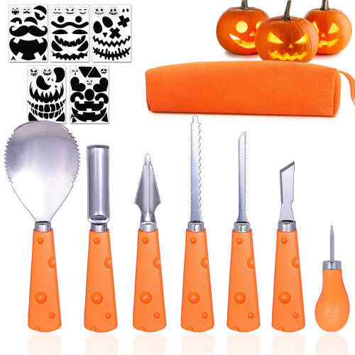 A 7-piece Taspire pumpkin carving tool kit featuring stainless steel saws, a scoop, and stencils arranged flat on a wooden tabletop next to an orange pumpkin.