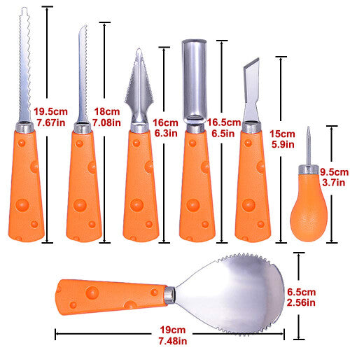 A 7-piece Taspire pumpkin carving tool kit featuring stainless steel saws, a scoop, and stencils arranged flat on a wooden tabletop next to an orange pumpkin.