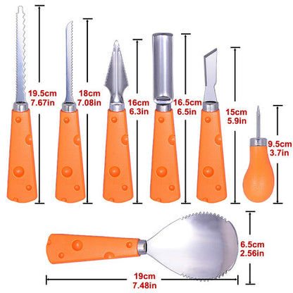 A 7-piece Taspire pumpkin carving tool kit featuring stainless steel saws, a scoop, and stencils arranged flat on a wooden tabletop next to an orange pumpkin.