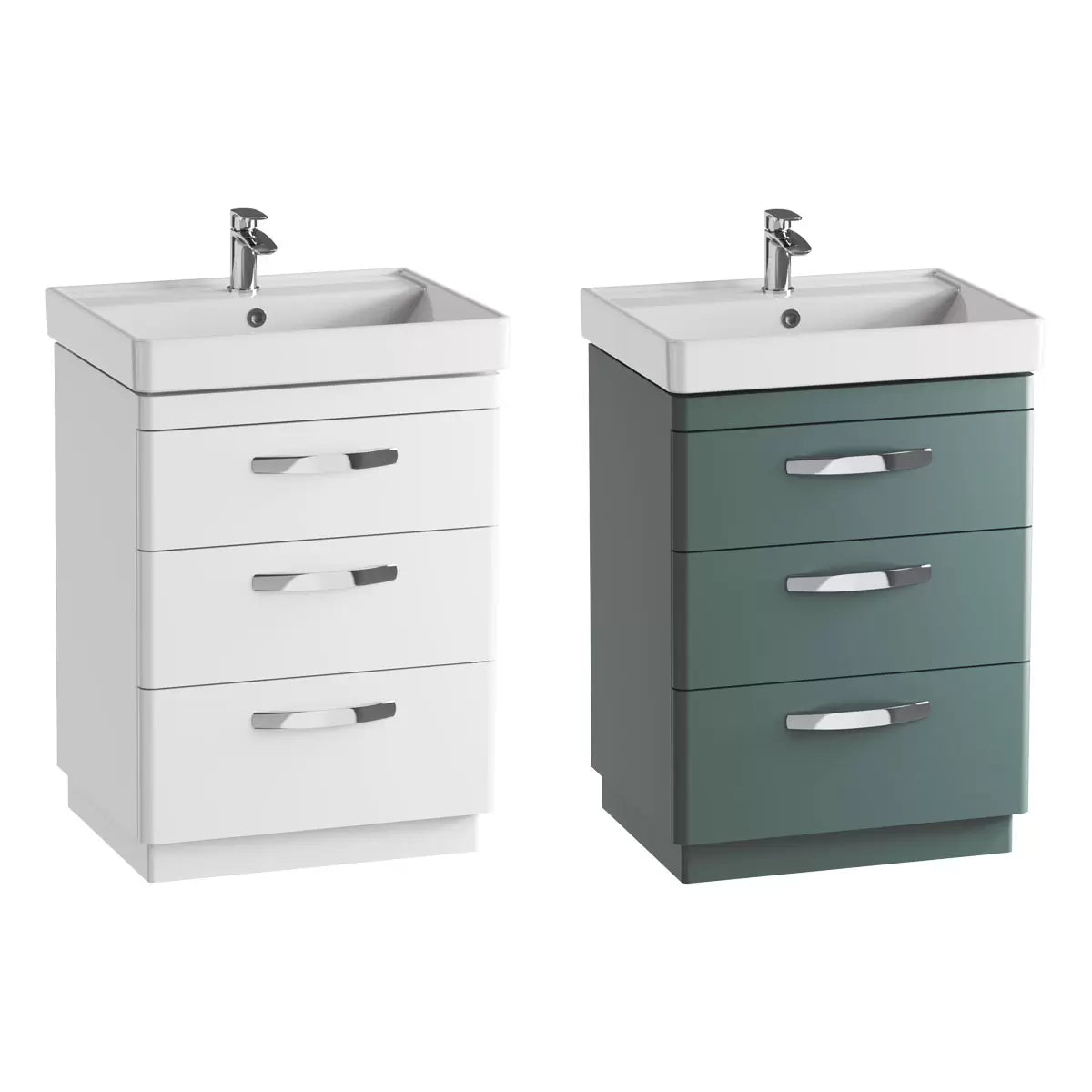 Front angle view of the Tavistock Curve 60cm floor mounted vanity unit featuring three smooth soft-close drawers with curved chrome handles and a deep white ceramic basin integrated into a modern bathroom setting.