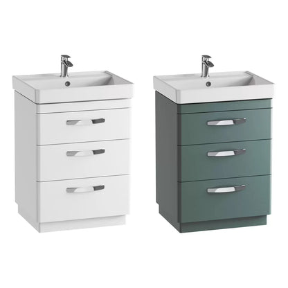 Front angle view of the Tavistock Curve 60cm floor mounted vanity unit featuring three smooth soft-close drawers with curved chrome handles and a deep white ceramic basin integrated into a modern bathroom setting.