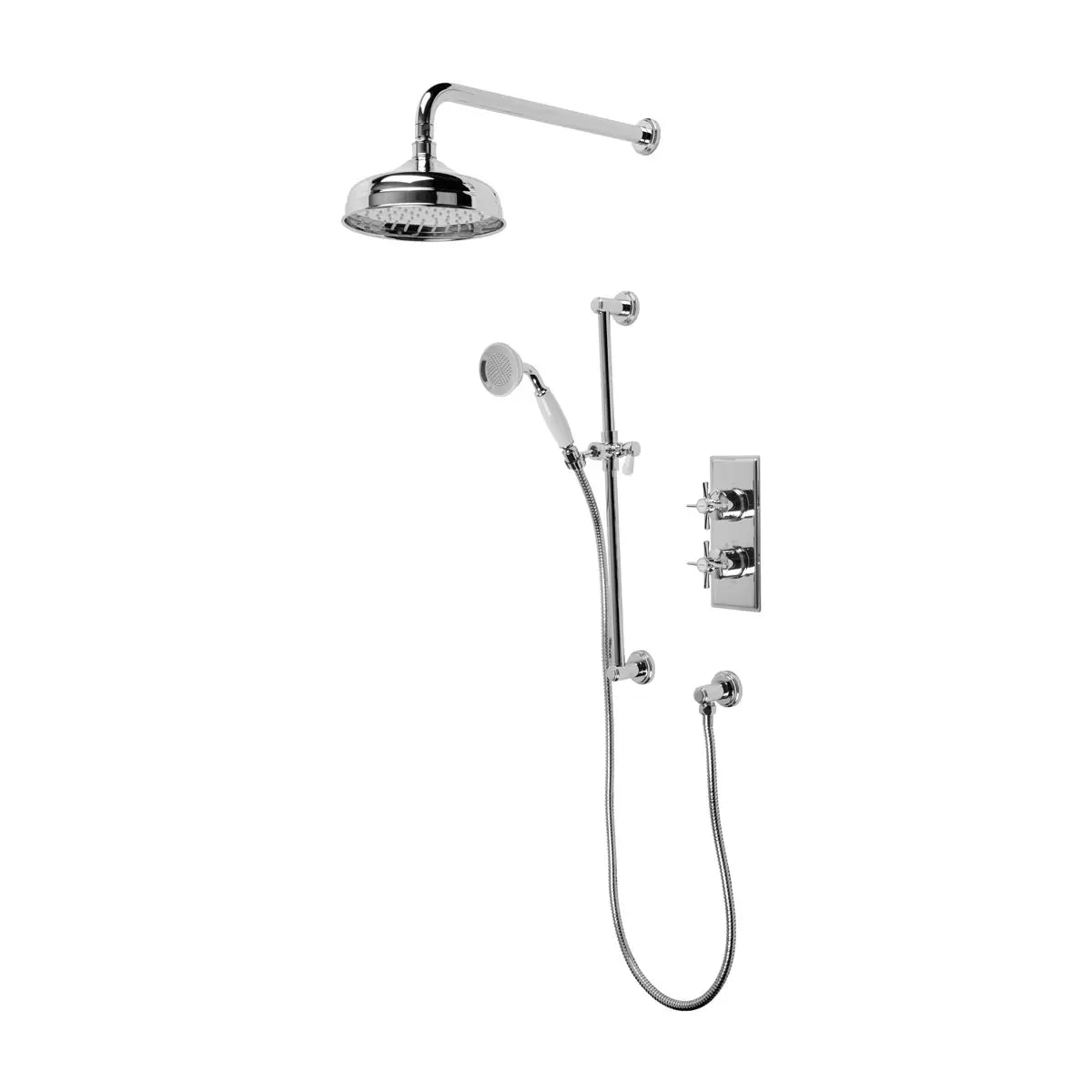 Tavistock Highbury traditional concealed two-function shower system featuring chrome valve and overhead waterfall shower head in a classic luxury bathroom.