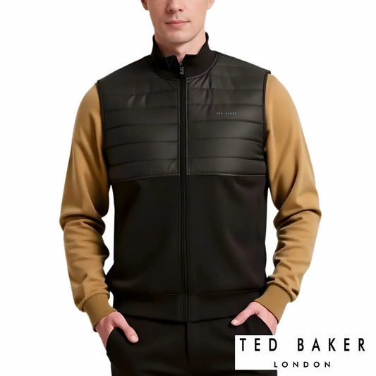 Ted Baker men's black half padded gilet featuring a quilted front panel and funnel neck displayed flat against a clean neutral background.