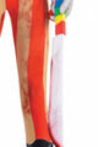 Full-length front view of a teenager wearing a sinister distressed clown costume with a ruffled collar inside a dimly lit haunted hallway.