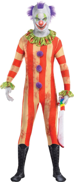 Full-length front view of a teenager wearing a sinister distressed clown costume with a ruffled collar inside a dimly lit haunted hallway.