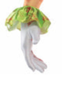 Full-length front view of a teenager wearing a sinister distressed clown costume with a ruffled collar inside a dimly lit haunted hallway.