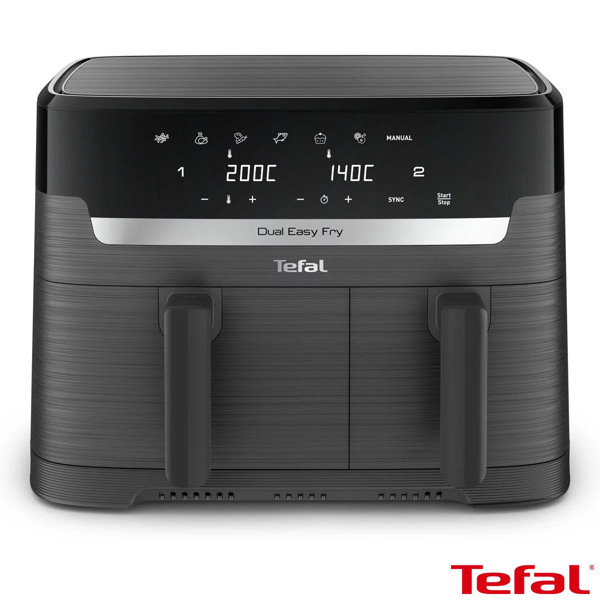 Tefal Easy Fry Essential Dual Air Fryer 8.3L EY901HG with dual baskets for simultaneous oil-free cooking and crispy healthy meals