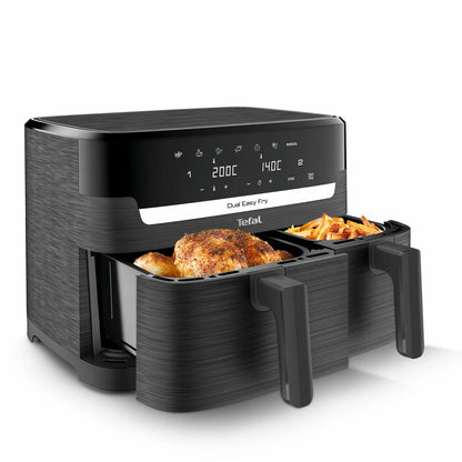 Tefal Easy Fry Essential Dual Air Fryer 8.3L EY901HG with dual baskets for simultaneous oil-free cooking and crispy healthy meals