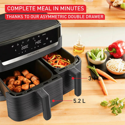 Tefal Easy Fry Essential Dual Air Fryer 8.3L EY901HG with dual baskets for simultaneous oil-free cooking and crispy healthy meals