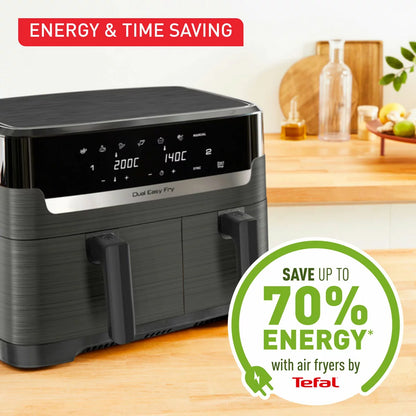 Tefal Easy Fry Essential Dual Air Fryer 8.3L EY901HG with dual baskets for simultaneous oil-free cooking and crispy healthy meals