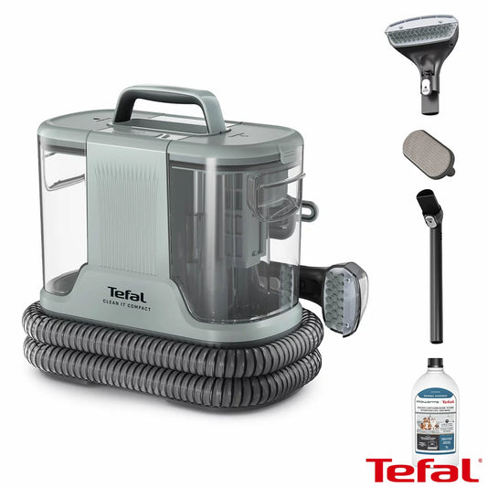 The Tefal IZ3020GO Clean It Compact Spot Cleaner in Eucalyptus, showcasing its compact body, attached hose, and cleaning head accessories.