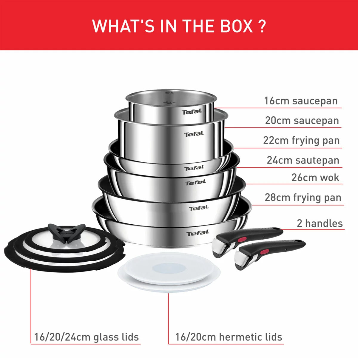 A 13-piece Tefal Ingenio Emotion stainless steel cookware set neatly stacked in a cupboard, demonstrating space-saving convenience.