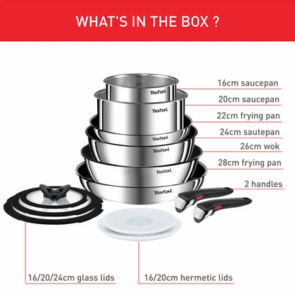 A 13-piece Tefal Ingenio Emotion stainless steel cookware set neatly stacked in a cupboard, demonstrating space-saving convenience.