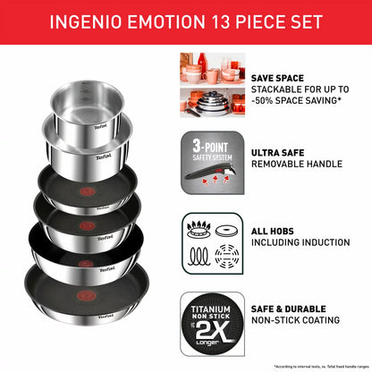 A 13-piece Tefal Ingenio Emotion stainless steel cookware set neatly stacked in a cupboard, demonstrating space-saving convenience.