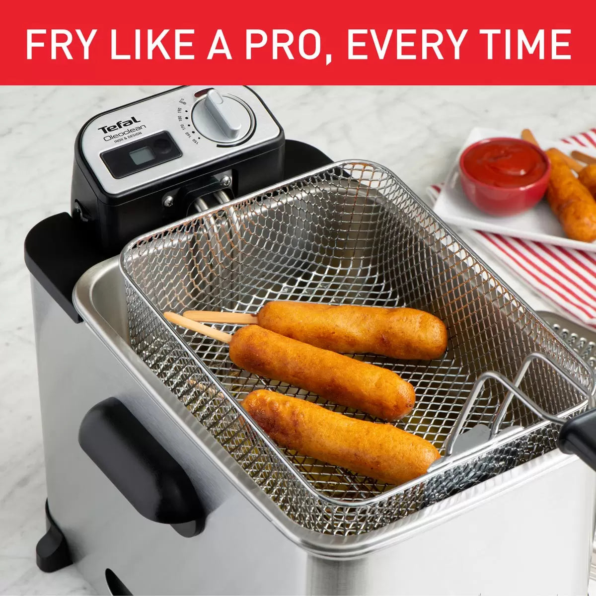 Tefal Oleoclean Pro Deep Fryer 3.5L FR8058G0 with automatic oil filtration system, stainless steel finish, and family-sized frying capacity.