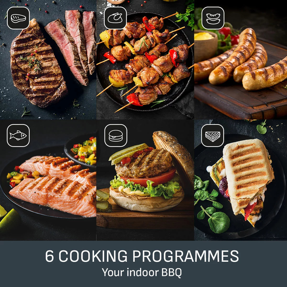 Tefal GC7178G1 OptiGrill+ Health Grill in sleek black stainless steel set on a kitchen countertop displaying illuminated cooking indicators and removable angled grill plates.