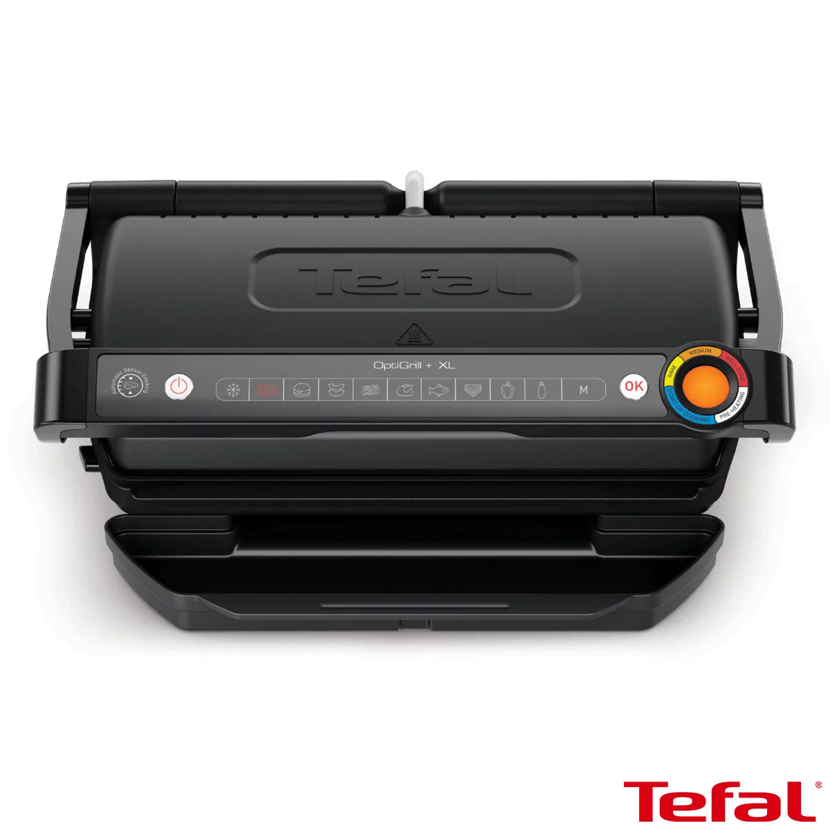 The Tefal OptiGrill XL in Matt Black sitting on a clean kitchen surface, showing the colour-coded cooking progress display and large grilling area.