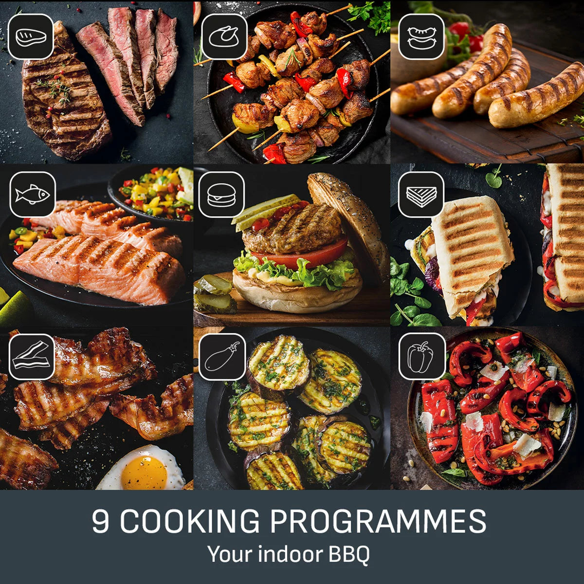 The Tefal OptiGrill XL in Matt Black sitting on a clean kitchen surface, showing the colour-coded cooking progress display and large grilling area.