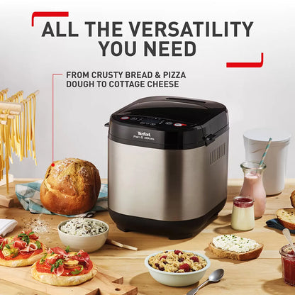 Tefal Pain et Delices Breadmaker PF240E40 with automatic multi-function programs for baking fresh bread, dough, cakes, and homemade recipes, featuring easy controls and versatile settings ideal for home bakers and family kitchens.