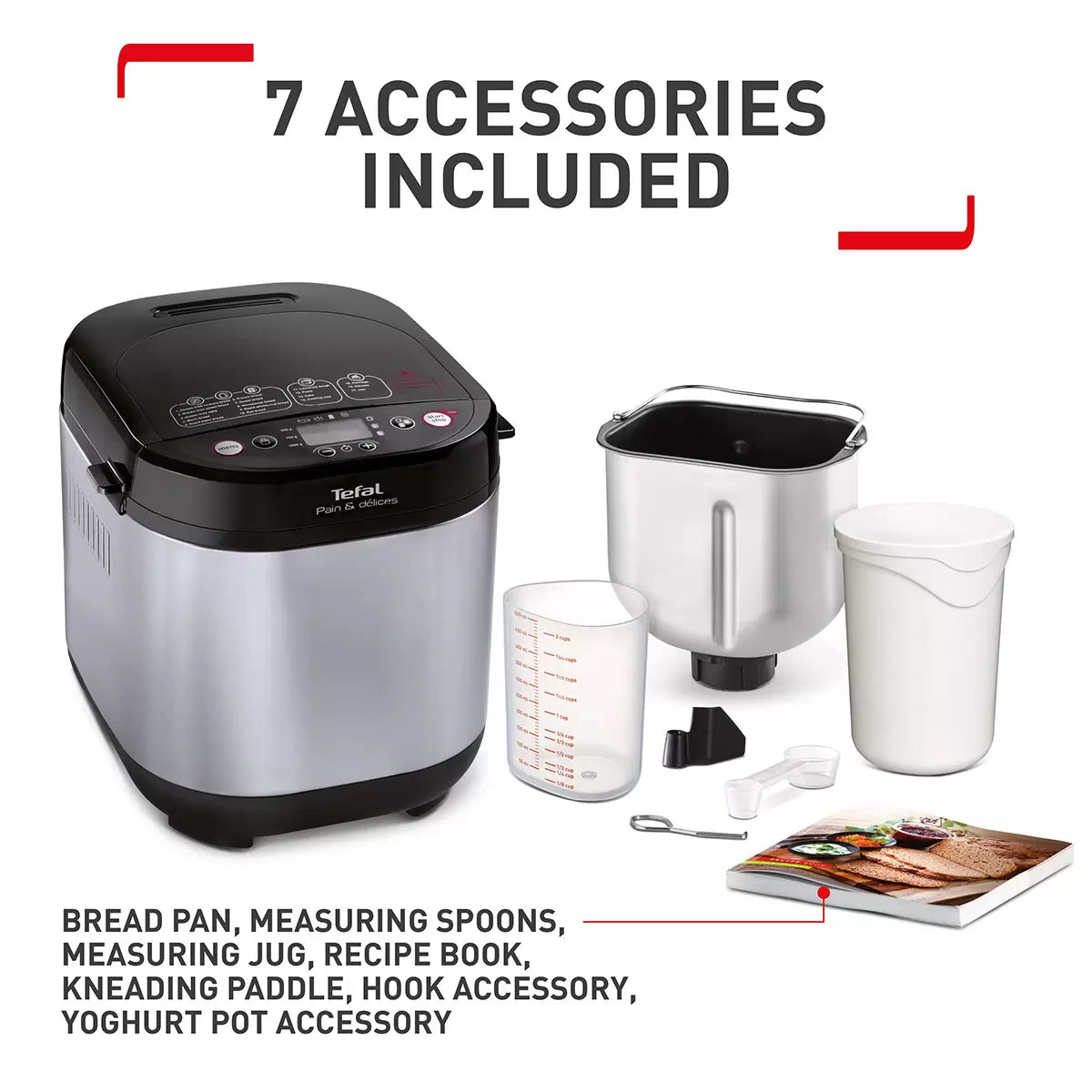 Tefal Pain et Delices Breadmaker PF240E40 with automatic multi-function programs for baking fresh bread, dough, cakes, and homemade recipes, featuring easy controls and versatile settings ideal for home bakers and family kitchens.