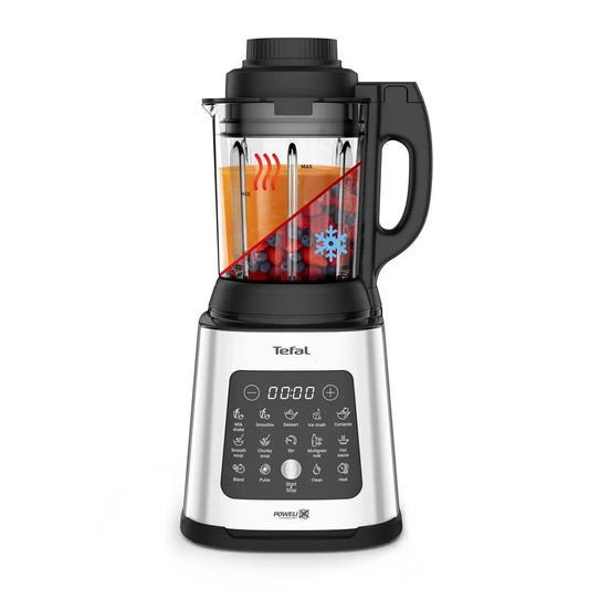 Front angle view of the stainless steel Tefal PerfectMix 2-in-1 blender with a thermal glass jug on a modern kitchen countertop displaying touch controls.