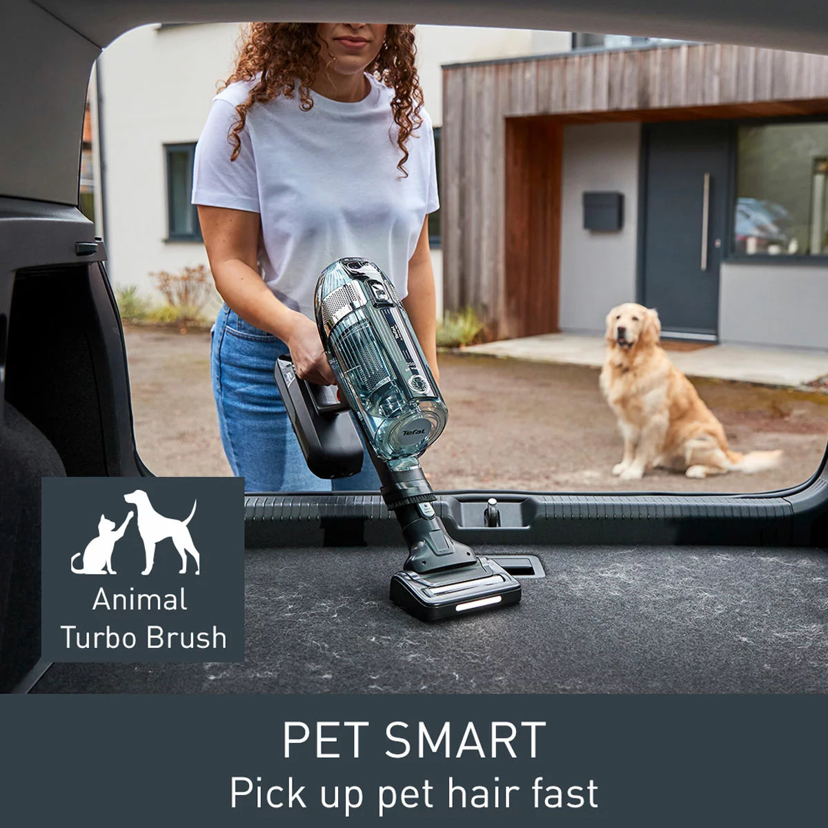 Front view of the Black & Grey Tefal X-Force Flex cordless stick vacuum mounted on its wall base with included pet accessories nearby.