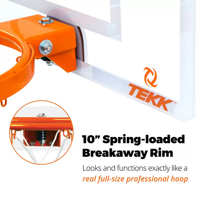 Close-up angled shot of the transparent Tekk Pro Mini Basketball Hoop mounted over a white door, showing the thick black foam backing pads and the bright orange steel breakaway spring rim.