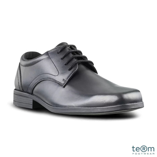 Front angle view of Term Thomas boys black leather lace up senior school shoes with memory foam insole resting on a plain white studio background.