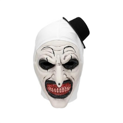 Full-head white silica gel Terrifier scary clown mask with sinister red grin on a mannequin torso in a Halloween haunted house setting.dsds