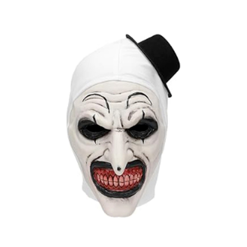 Full-head white silica gel Terrifier scary clown mask with sinister red grin on a mannequin torso in a Halloween haunted house setting.