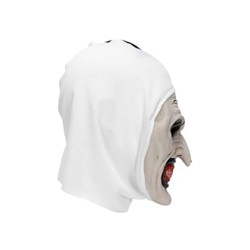 Full-head white silica gel Terrifier scary clown mask with sinister red grin on a mannequin torso in a Halloween haunted house setting.