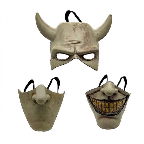 Front view of the light grey Graber horror film cosplay mask showing realistic latex texturing, dark eye cutouts, and elastic headband.