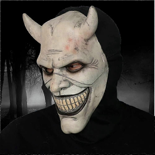 Front view of the light grey Graber horror film cosplay mask showing realistic latex texturing, dark eye cutouts, and elastic headband.
