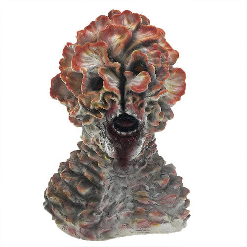 Detailed frontal view of a fungal Clicker latex horror mask showing realistic calcified spore growths and organic mutated texture.