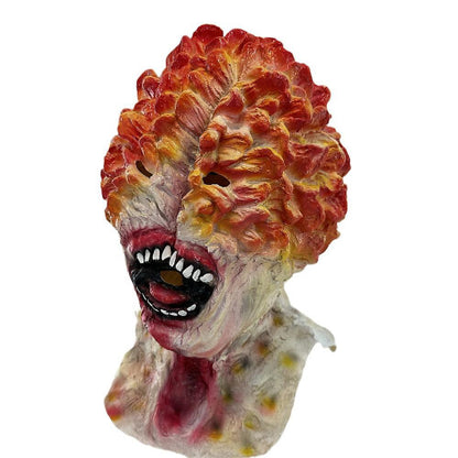 Detailed frontal view of a fungal Clicker latex horror mask showing realistic calcified spore growths and organic mutated texture.