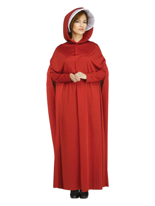 Full-length front view of a woman wearing the floor-length burgundy and gold Maiden Renaissance costume dress in a stone courtyard.