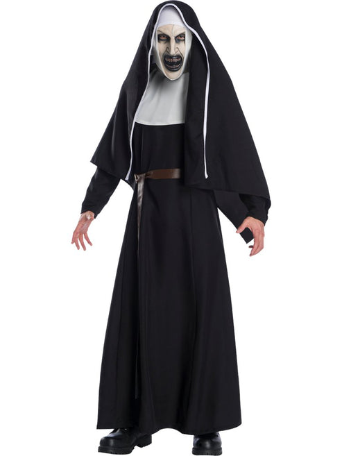 Front view of The Nun Deluxe adult costume featuring a full black gown, crisp white head cowl, and flowing black veil against a neutral studio backdrop