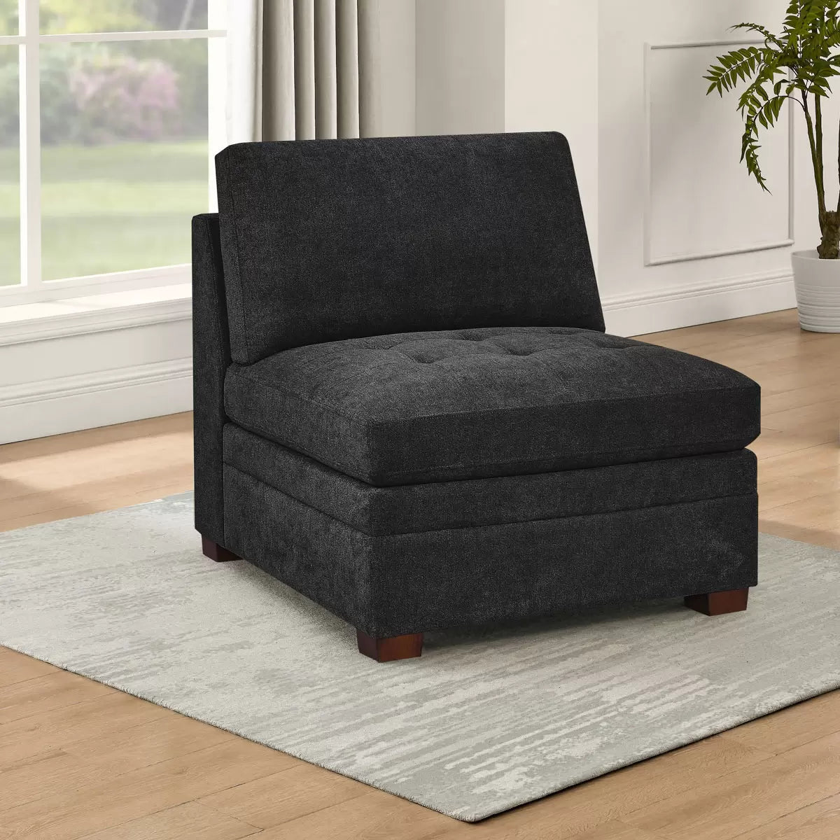 Thomasville Tisdale dark grey fabric armless chair with cushioned seat and modern contemporary design for living room seating-
