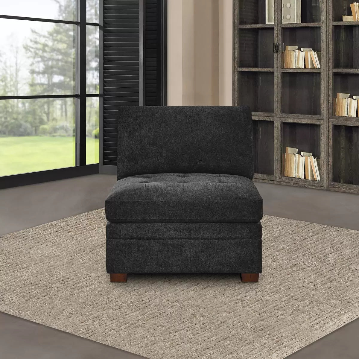Thomasville Tisdale dark grey fabric armless chair with cushioned seat and modern contemporary design for living room seating