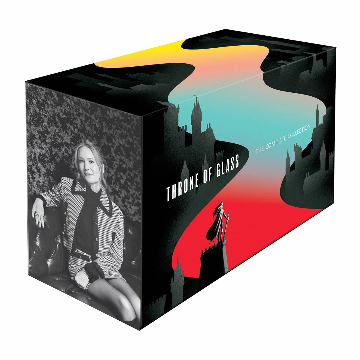 Three-quarter angle shot of the Throne of Glass eight-book paperback box set by Sarah J. Maas, showing the black illustrated slipcase and the vibrant, multicoloured book spines aligned inside.