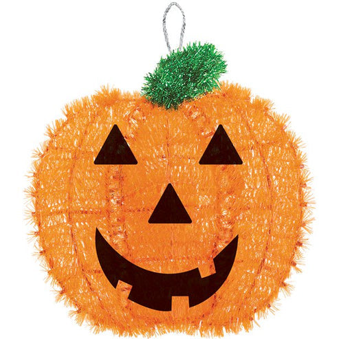 Vibrant orange 33cm tinsel pumpkin hanging wall decoration with green stem and attached hanging loop against a light background.