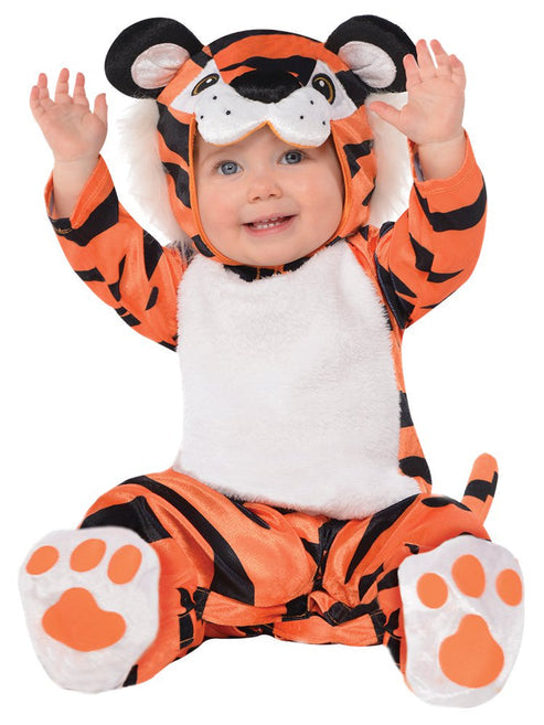 Front view of the plush Tiny Tiger baby jumpsuit with striped hood, faux fur trim, and matching paw booties against a neutral background.
