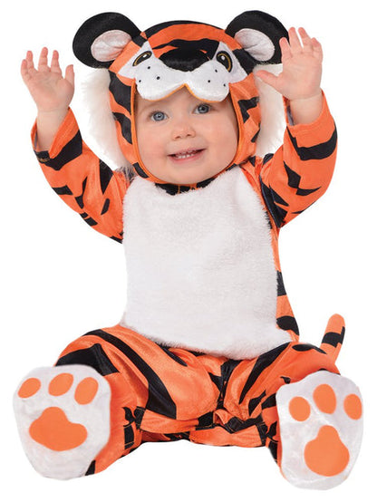 Front view of the plush Tiny Tiger baby jumpsuit with striped hood, faux fur trim, and matching paw booties against a neutral background.