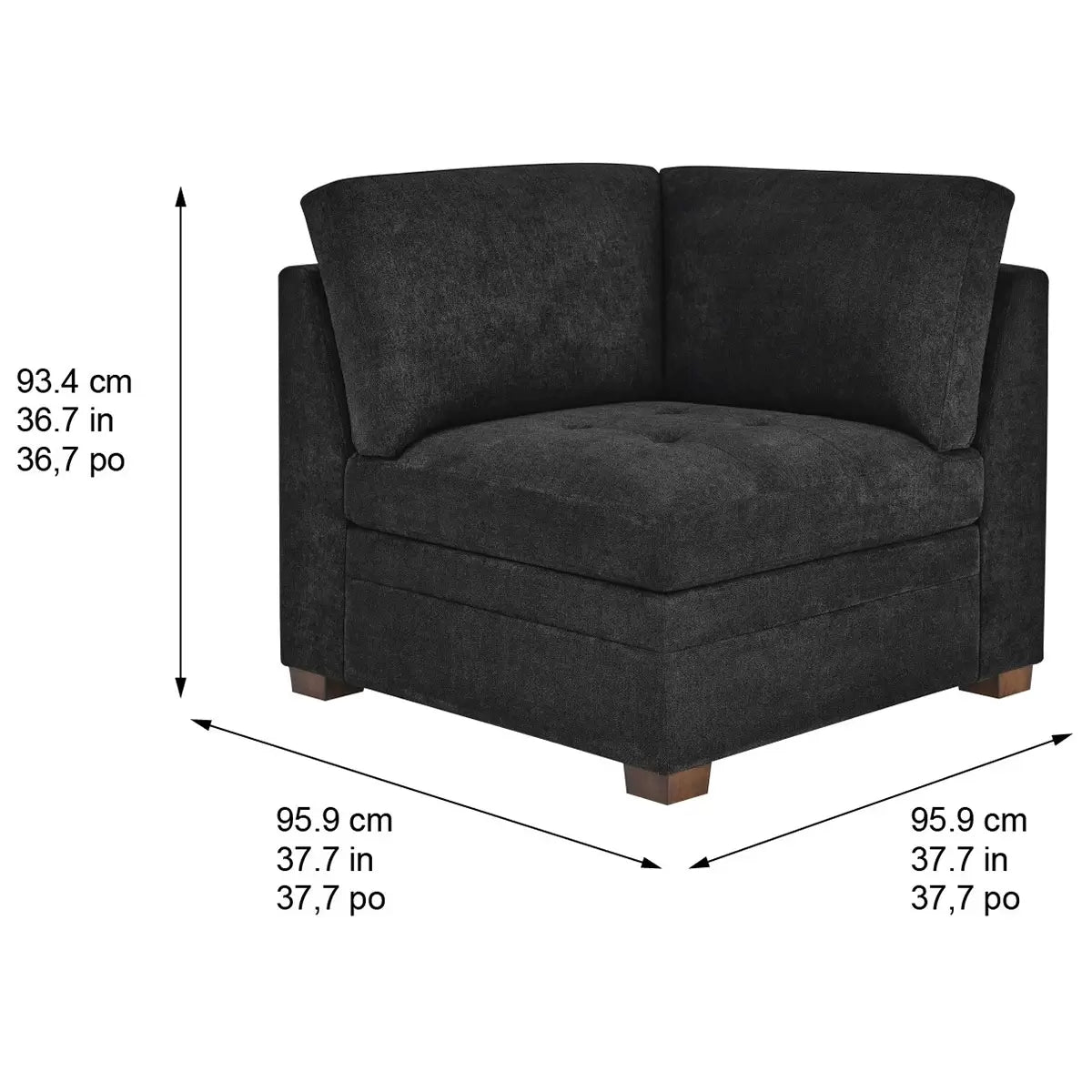 Front angled view of the Thomasville Tisdale dark grey fabric corner chair featuring tufted seat cushions and solid block wood legs on a modern light oak floor.